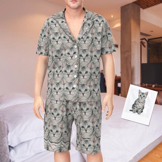 Discover Custom Face Pajamas for Men  Personalized Short Sleeve Pyjamas Set with Photo | Funny Gift Sleepwear, Custom Printed Summer Loungewear