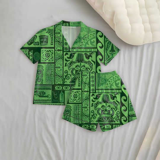 Green Tribal Tiki Short Pajamas Set, Tiki Homewear, Tropical Jungle Sleepwear, Tiki Mask Nightwear, Spooky Season Gift