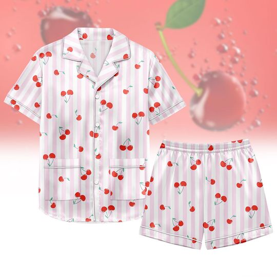Cherry Print Satin Pajama Set for Women, Cute Short Sleeve Sleepwear with Shorts, Pink Striped Summer Pjs, Kawaii Loungewear Gift
