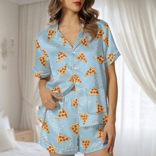 Funny Pizza Satin Pajamas Short Set, Cute Summer Sleepwear Set For Women, Lightweight Lounge Set, Cozy Satin Pjs, Food Lover Gift