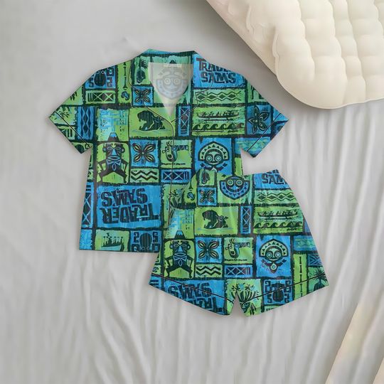 Discover Tiki Satin Short Pajamas Set, Tiki Lovers Summer Homewear, Tropical Jungle Sleepwear, Tiki Mask Nightwear, Summer Party Gift
