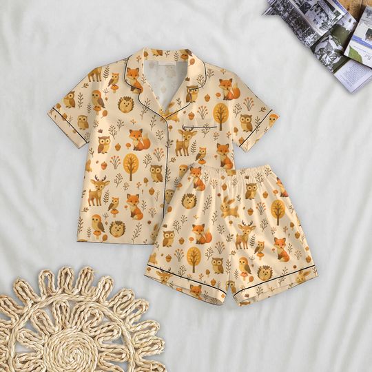 Fall Fox Owl Deer Short Pajamas Set, Woodland Animals Homewear, Cozy Autumn Sleepwear, Autumn Pattern Nightwear, Cute Animals Lover Gift