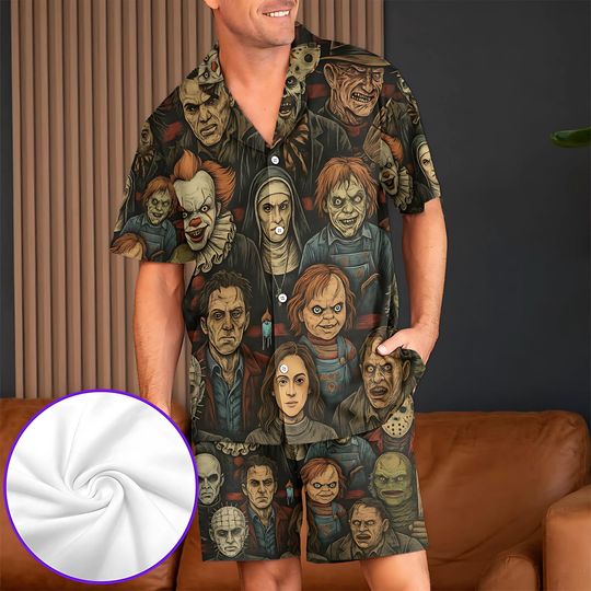 Mens Horror Movie Characters Pajama Set  Mens Short Sleeve Pajama Set, Halloween Sleepwear, Lounge Set for Men, Anniversary Gift for him
