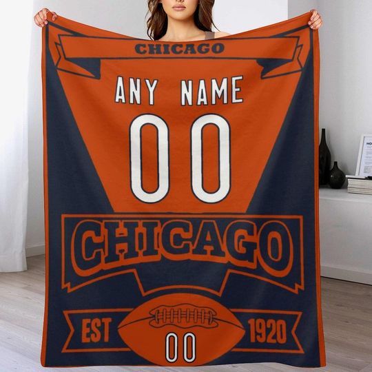 Discover Custom Chicago Football Throw Blanket Personalized Name Number for Men Women Youth Kids Soft Flannel Blanket Decor for Bedroom Living Room