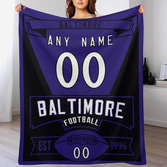 Personalized Baltimore Football Blanket for Football Fans - Custom Name Number Throw Blanket Ideal for Youth Football Players & Adults