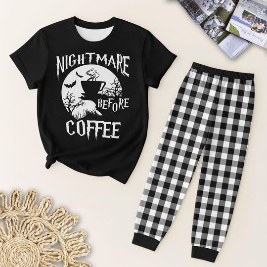 Nightmare Before Coffee T Shirt And Pants Pajamas, Halloween JS Cosplay Pajamas Set, Black White Plaid Pants, Spooky Season Gift