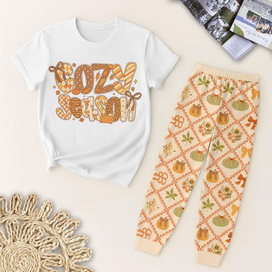 Cozy Season T Shirt And Pants Pajamas, Pumpkin Fall Leaf Bow Pajamas set, Thanksgiving Sleepwear, Cozy Fall Homewear, Halloween Gift