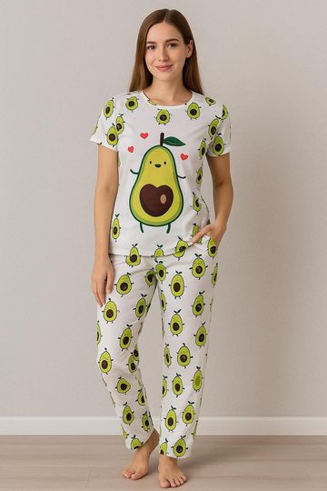 Avocado Pajama Set  Cute Cartoon T-Shirt & Pants, Womens Loungewear, Cozy Sleepwear Gift