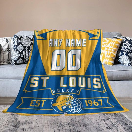 Custom St. Louis Hockey Throw Blanket with Name Number - Personalized Ice Hockey Blanket for Boys Girls Coaches Player Fans Team Gift
