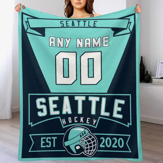 Discover Seattle Custom Ice Hockey Blanket with Name Number - Personalized Hockey Throw Blanket for Boys Girls Coaches Fans Team Sports Gift