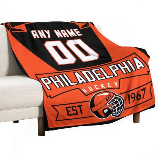 Philadelphia Custom Ice Hockey Blanket - Personalized Hockey Throw Blanket for Boys, Girls, Coaches, Fans, Birthday Gift for Hockey Lovers