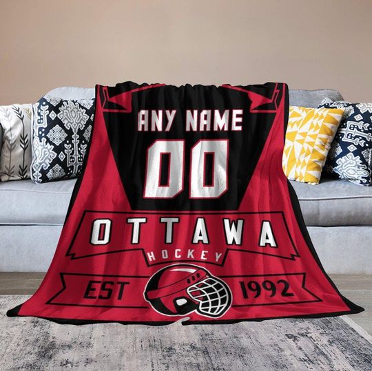 Discover Ottawa Custom Hockey Throw Blanket - Personalized Name & Number Flannel Blanket for Teen Boys Girls, Team Hockey Fans Coach Player Gifts