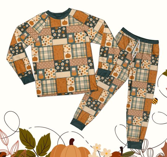 Family Matching Pajamas with Fall Patchwork Pumpkin Print, Cozy Thanksgiving Sleepwear Set for Adults, Kids, and Holiday Nights Outfit