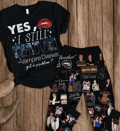 Vampire Diaries Pajamas Set, Vampire Diaries T-Shirt And Pant, Vampire Diaries Move Pjs, Mystic Falls Tee, Vampire Diares Set Of Pajama