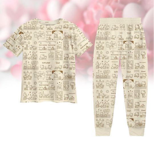 Hello Kitty Pajamas Set, Kitty Lets Play Tshirt And Pants, Kawaii Kitty Cat Pajamas Holiday, Gift For Her, Kitty Cat Women Pajamas
