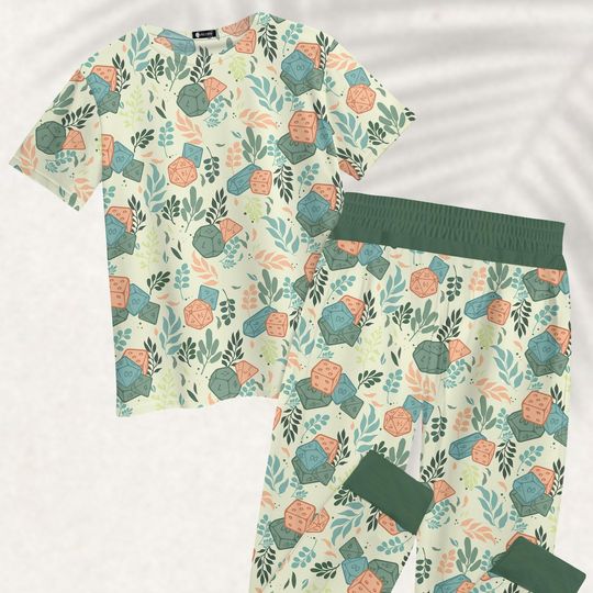 Dnd Dice Tshirt And Pant Pajama Set, Botanical Rpg Womens Pajamas, Cute Ttrpg Holiday Pajamas, Dice Lover Holiday Pajamas, Gift For Fan