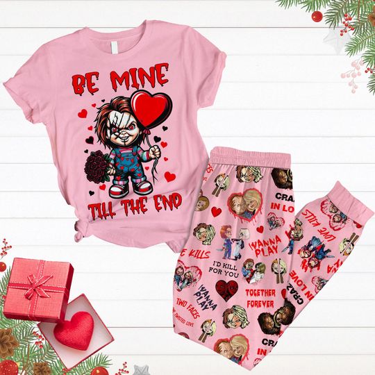 Chucky Pajamas Set, Chucky And Tiffany Valentines Pajamas, Chucky And Bride Shirt, Horror Characters Holiday Pjs, Valentines Day Gift