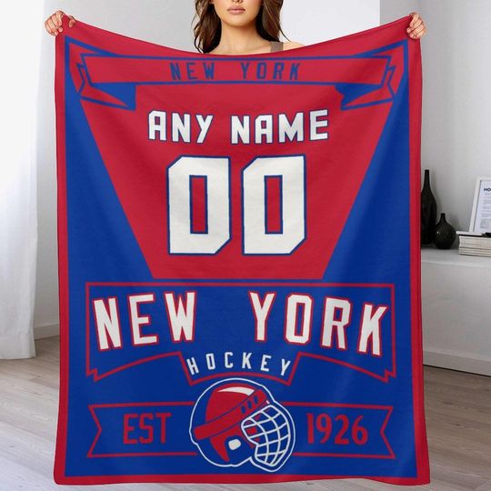 Discover Personalized New York Hockey Blanket - Custom Name & Number Ice Hockey Throw Blanket for Hockey Fans, Players, Coaches, Sports Gift