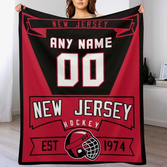 New Jersey Custom Ice Hockey Blanket - Personalized Name & Number Throw Blanket for Boys, Girls, Hockey Fans, Players, Coaches Gift