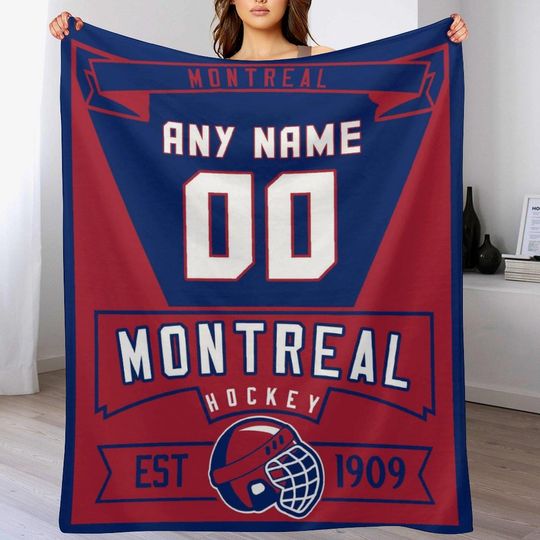 Montreal Custom Ice Hockey Blanket with Name & Number - Personalized Throw Blanket - Hockey Gifts for Kids, Adults, Players, Coaches