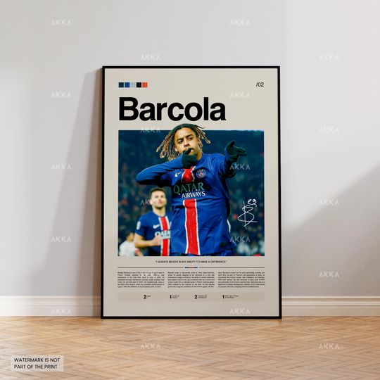 Discover Bradley Barcola Poster, Barcola PSG Wall Art, Framed Barcola Print, Saint German Decor, PSG FC Fan Gift Idea, Soccer Print