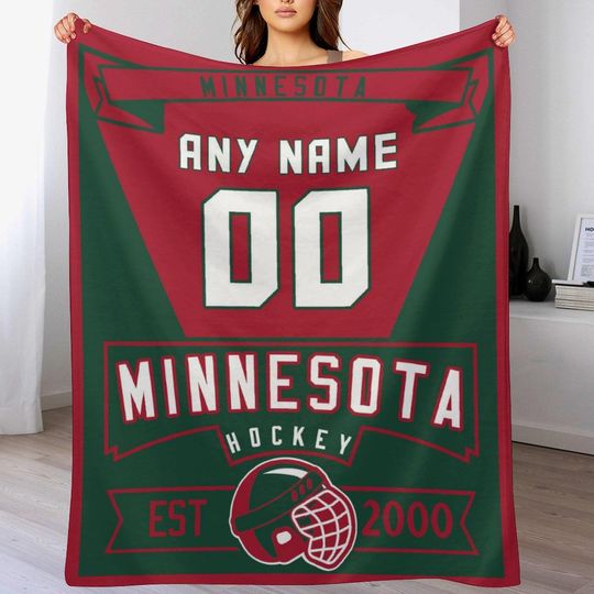 Discover Minnesota Custom Ice Hockey Blanket - Personalized Name & Number Throw Blanket for Boys, Girls, Hockey Players, Fans, Coaches Gift