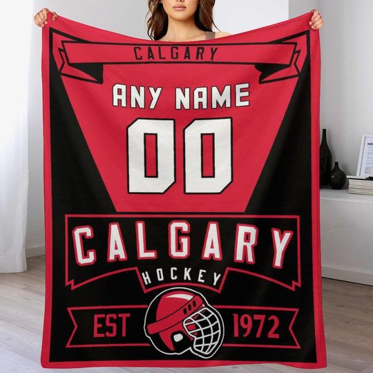 Discover Calgary Custom City Hockey Throw Blanket Personalized Name Number for Men Women Youth Kids Soft Flannel Blanket, Gifts for Hockey Player