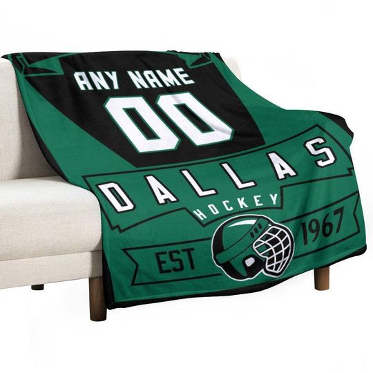 Custom Dallas Hockey Blanket with Name Number Personalized Flannel Throw Blanket for Coach Players Teen Fans, Team Hockey Gifts Boys