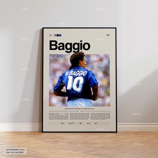 Roberto Baggio Poster, Baggio Italy Wall Art, Framed Roby Baggio Print, Soccer Fan Gift Idea, Baggio Wall Decor, Soccer Poster