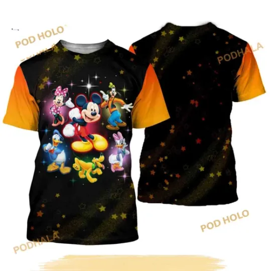 Discover 3D Mickey Mouse and Friends Pattern T-Shirt, Orange and Black Disney Cartoon Shirt