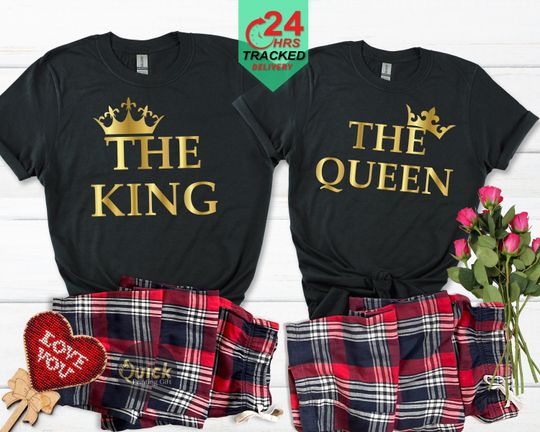 King Queen Matching His and Hers Pyjama Set with T-shirt and Bottoms, Couple Matching Gifts, Valentines Gifts, Christmas Gift for Newlyweds