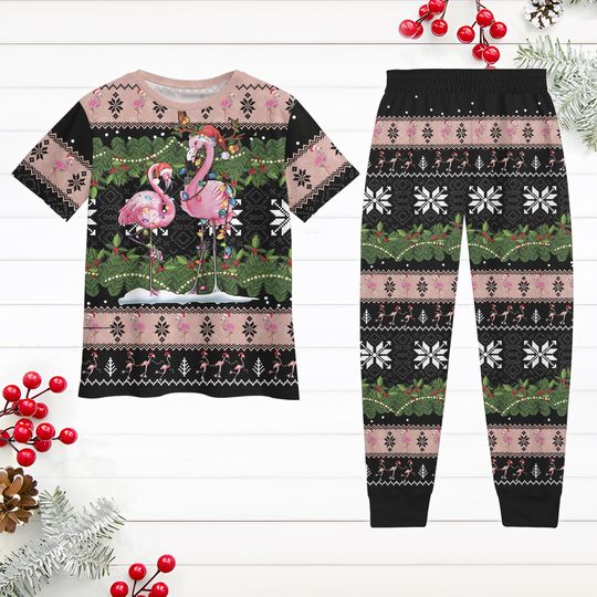 Christmas Flamingo Pajamas Set, Santa Hat Flamingo Christmas Lights Shirt And Pajamas Pants, Cute Animal Lover Pjs, Pajamas For Party