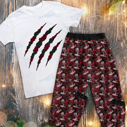 Freddy Krueger Claw Slash Pajamas  Horror Sleepwear Set with Bloody Nightmare Prints
