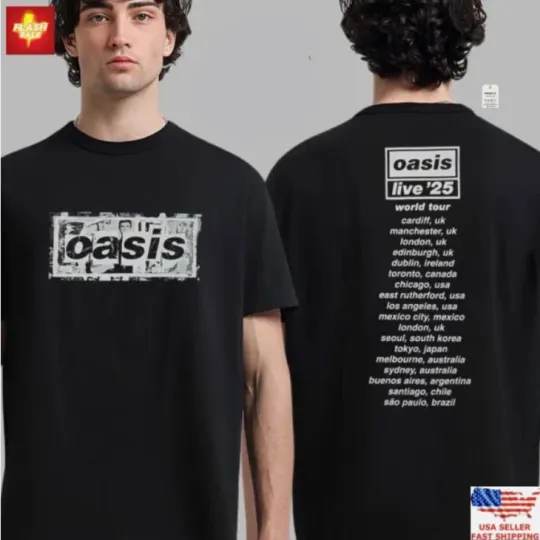 Oasis Live 25 Tour T-Shirt Box Logo UK Design With Tour Dates 2025 Reprint