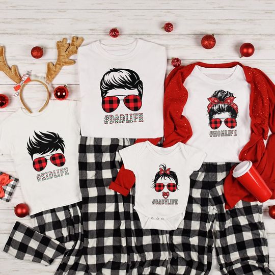 Plaid Buffalo Family Christmas T-shirts, #DadLife #MomLife #KidLife #BabyLife Holiday Tees, Matching Family Set
