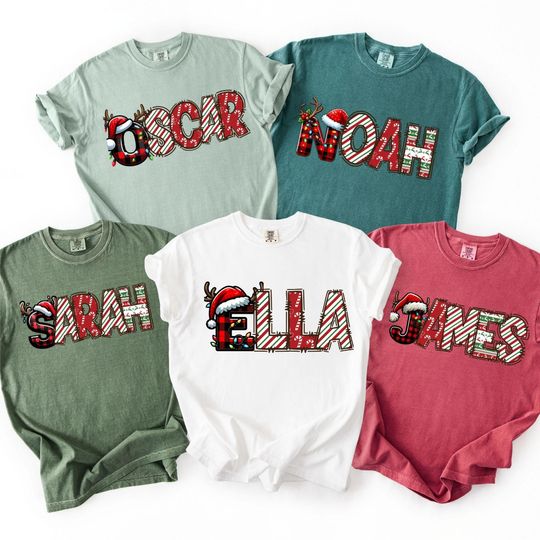 Discover Comfort Colors Family Christmas Name Shirt 2025, Doodle Alphabet Family Christmas Shirt, Personalized Christmas Family T-Shirt