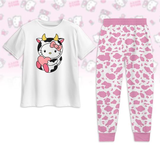 Hello Kitty Cow Pajamas Set, Cute Kitty Tshirt And Pants, Hello Kitty Pajamas For Women, Matching Pajamas Set, Valentine Gift