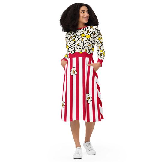 Discover Movie Popcorn Halloween Long Sleeve Dress with Pockets for Women