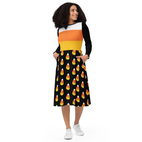 Discover Candy Corn Women's Long-Sleeve Midi Dress with Pockets for Halloween