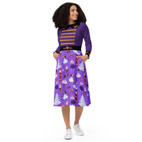 Women's Nutcracker Christmas Dress, Purple Holiday Midi Dress, Long Sleeve Dress