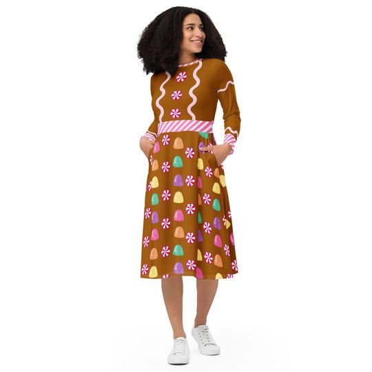 Gingerbread Cookie Dress, Holiday Long Sleeve Dress, Women's Plus Size Christmas Dress