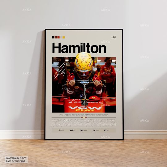 Discover Lewis Hamilton Poster, Hamilton Ferrari Wall Art, Framed Ferrari F1 Print, Motorsport Grand Prix Decor, Car Racing Artwork, Lewis Ferrari