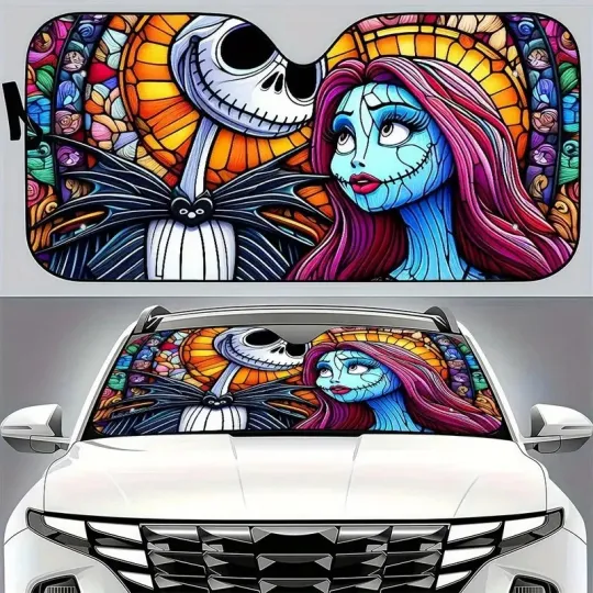 Jack Skellington And Sally Stained Glass Halloween Car Windshield Sun Shade