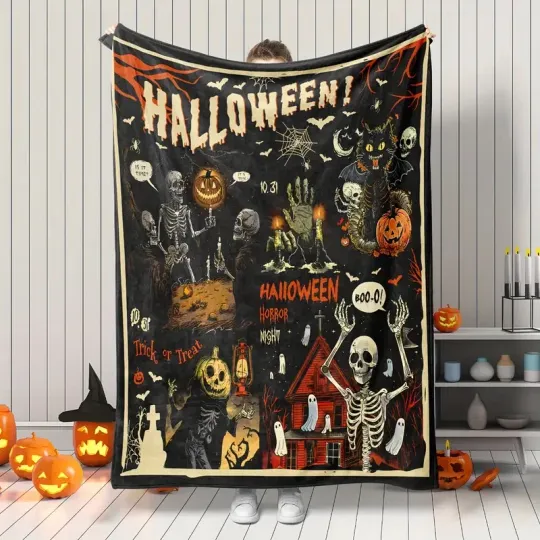 Discover Halloween Skeleton, Black Cat & amp, Pumpkin Fleece Blanket
