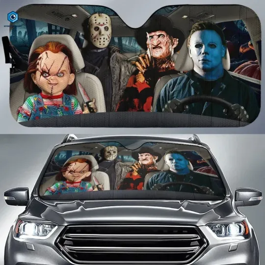 Discover Horror Movie Characters Car Sunshade, Horror Halloween Car Sunshade, Scary Movie