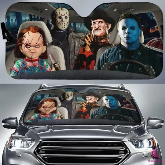Horror Characters Car Sunshade, Horror Movie Windshield Cover Happy Halloween