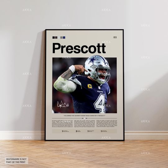 Discover Dak Prescott Poster, Prescott Dallas Cowboys Print, Framed Prescott Art, Cowboys Wall Decor, football Print Fan Gift Idea, Dak Prescott Art