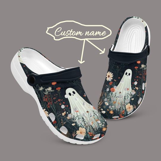 Discover Cute Ghost in Wildflowers Clogs, Custom Shoes, Christmas Gifts | Halloween Custom Shoes