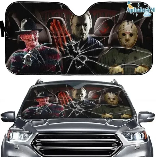 Discover Horror Characters Car Sunshade, Horror Movie Windshield Cover Happy Halloween
