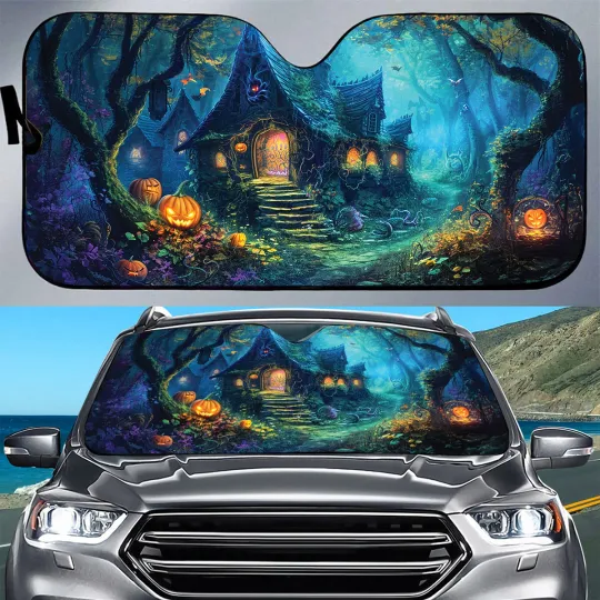 Discover Halloween Haunted House Car Sunshade Pumpkin Halloween Auto Sunshade Windshield